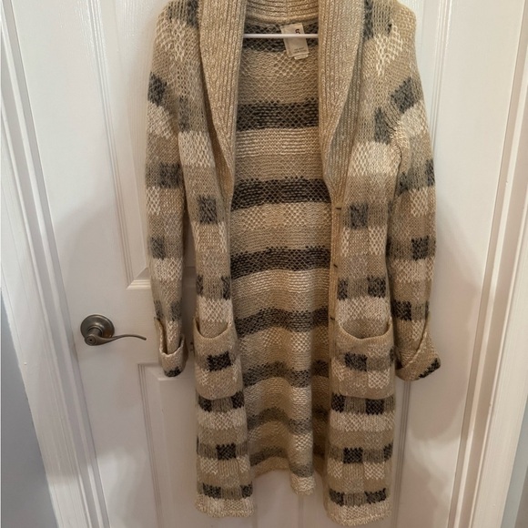 Anthropologie Sweaters - Far Away From Close Anthropologie Tan Plaid Long Cardigan Sweater Size Small